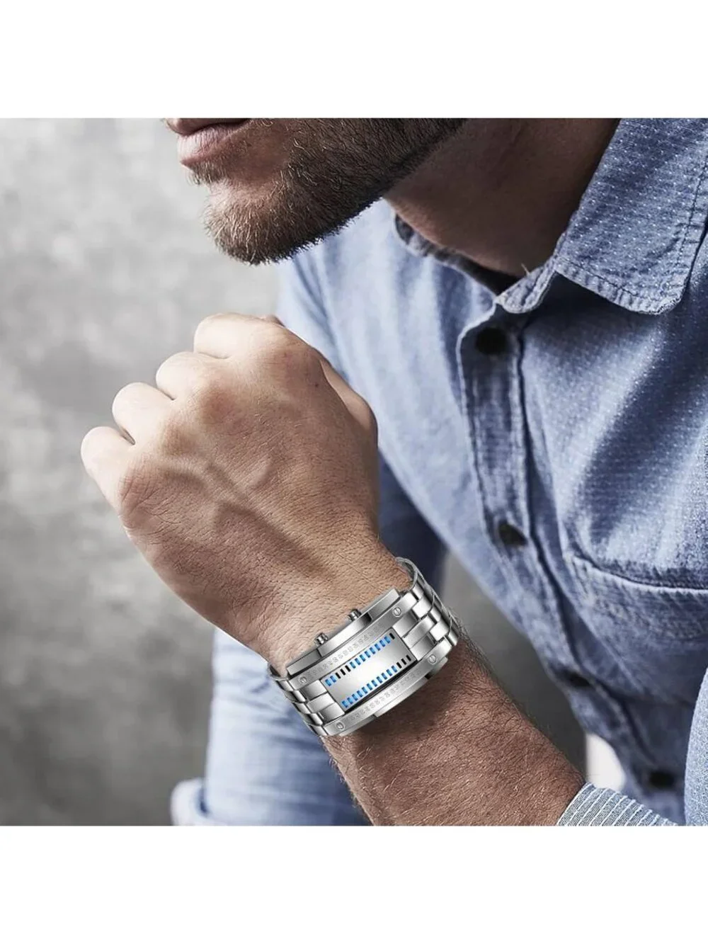 Men's Silver Analog Quartz Bracelet Waterproof Binary Matrix LED Digital Watch